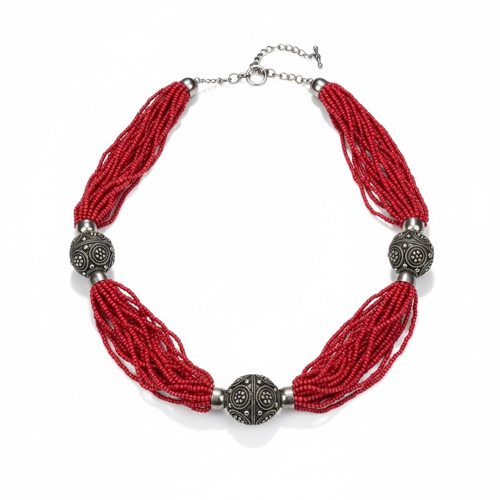 Tribal Glass Seed Bead & Silver Accents Necklace – 28”
